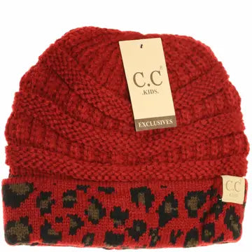 Leopard Cuff Beanie - Red - Kids