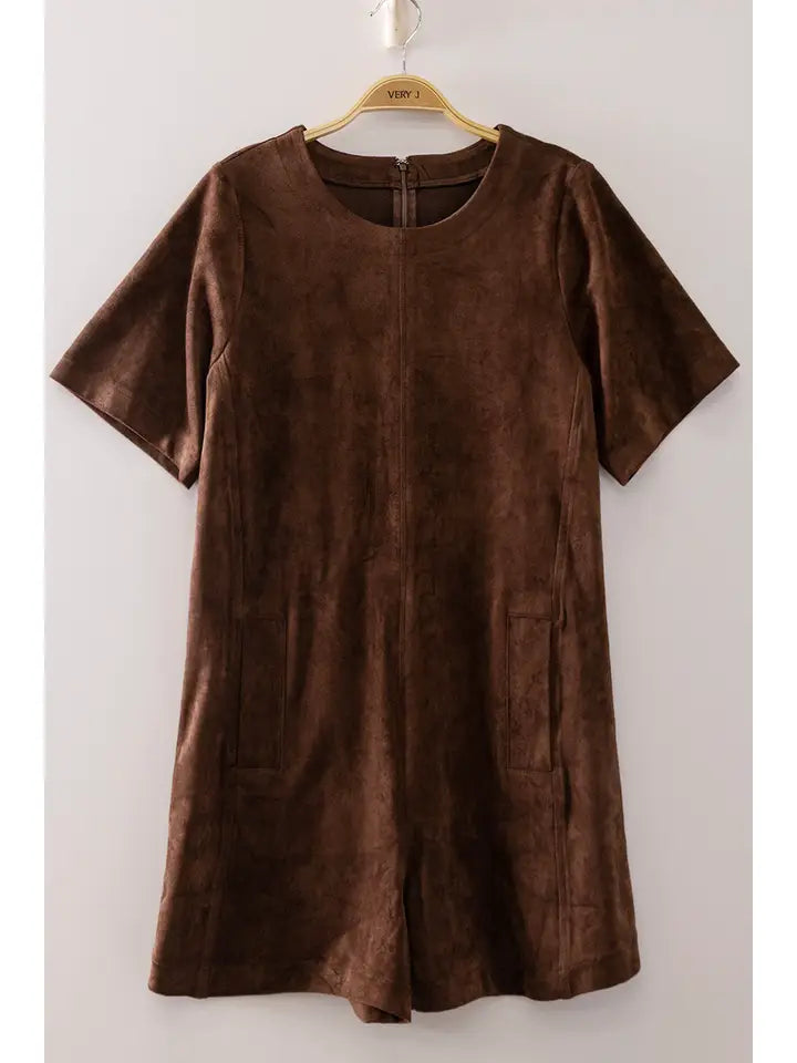 suede short sleeve romper - chocolate