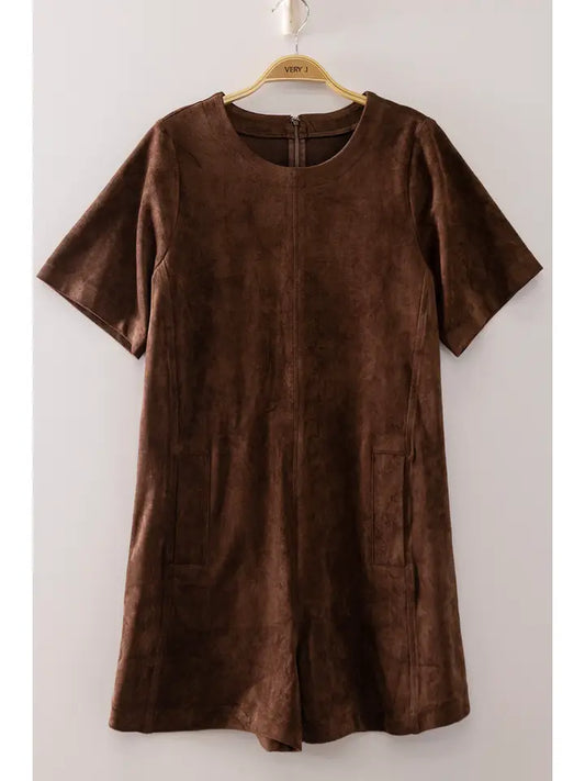 suede short sleeve romper - chocolate