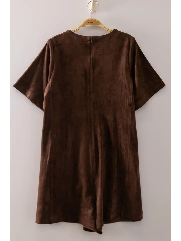 suede short sleeve romper - chocolate
