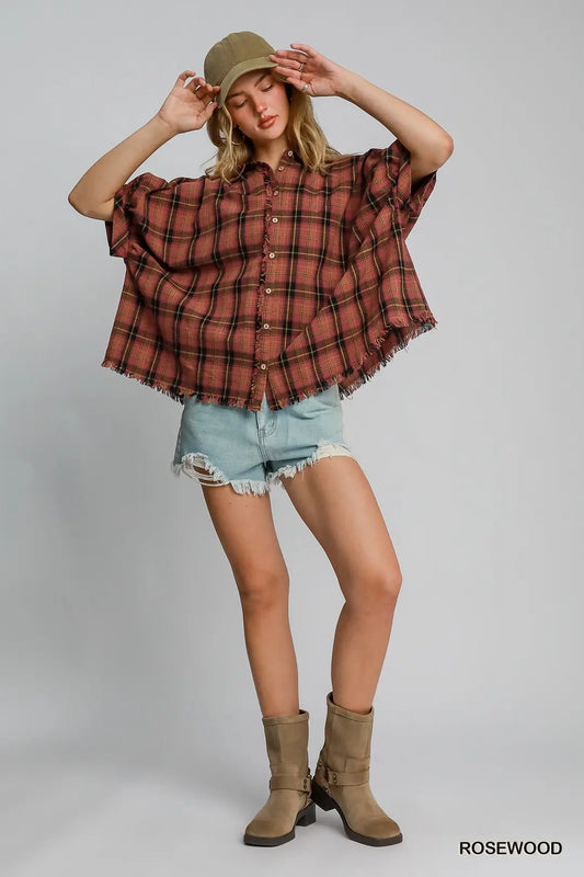 Plaid Boxy Frayed Top
