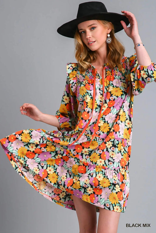 Double Ruffle Flower Print Dress - Black Mix