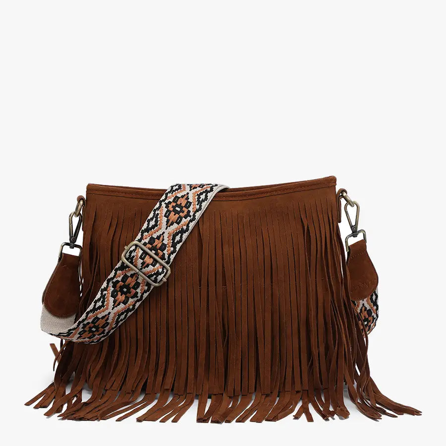 Sadie Suede Fringe Crossbody Bag - Dark Brown