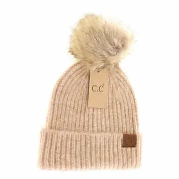 Soft Ribbed Fur Pom Beanie - Sand Multi