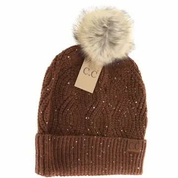 Sequin Cable Knit Fur Pom Beanie - Coffee