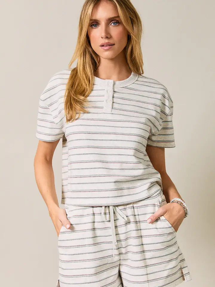 french terry striped boxy top - heather gray