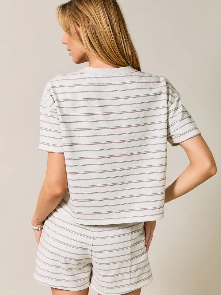 french terry striped boxy top - heather gray