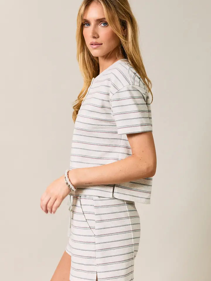 french terry striped boxy top - heather gray