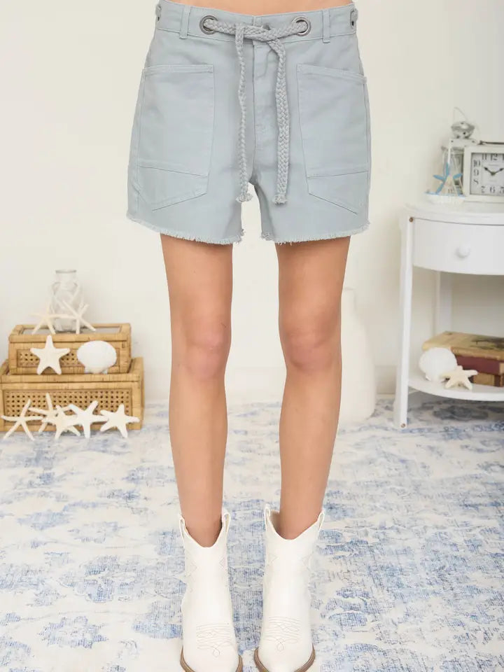 Distressed Hem Braid Drawstring Shorts