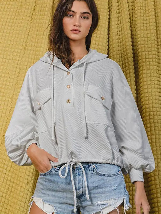 Button Up Textured Hoodie - Silver
