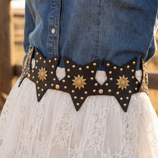 Studded Stars Western Belt - Gold/Black