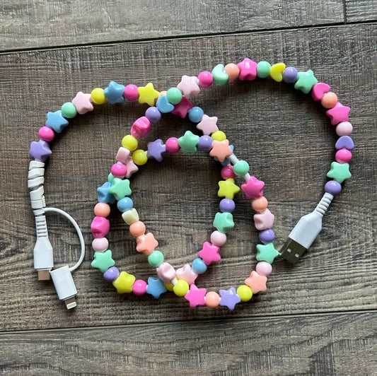 beaded phone charger - rainbow stars