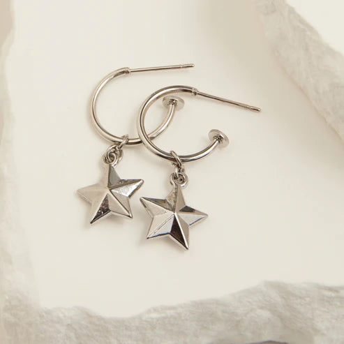 Waterproof Jewelry - Star Charm Hoops - Silver