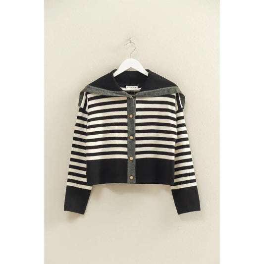 Striped Button-Up Sailor Collar Sweater