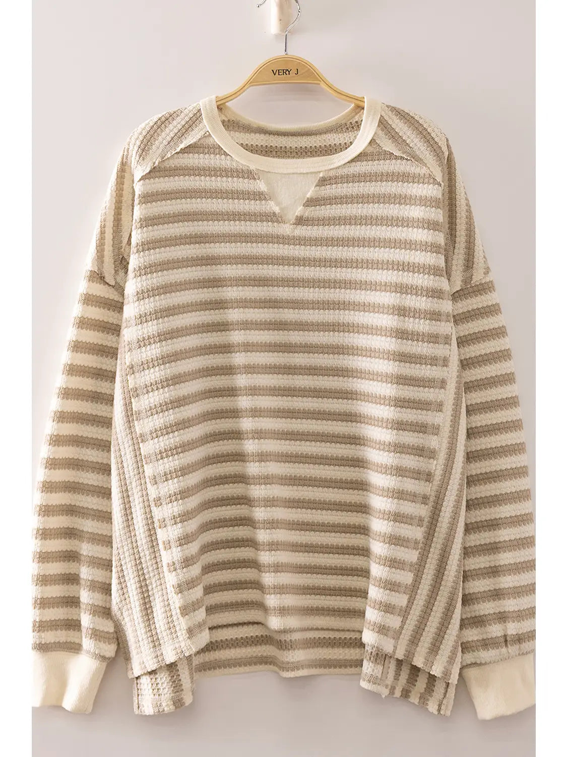 Meg Striped Waffle Top - Taupe/Cream
