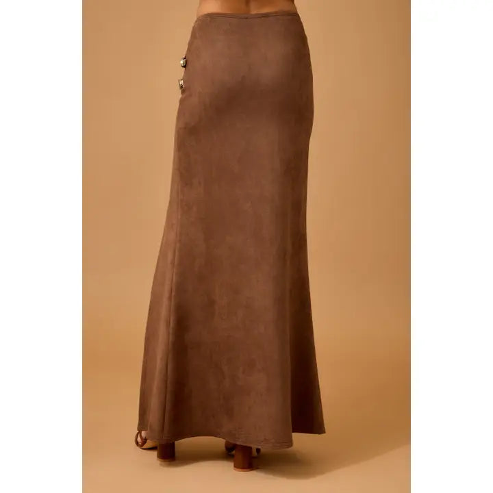 Western Buckle Faux Suede Maxi Skirt