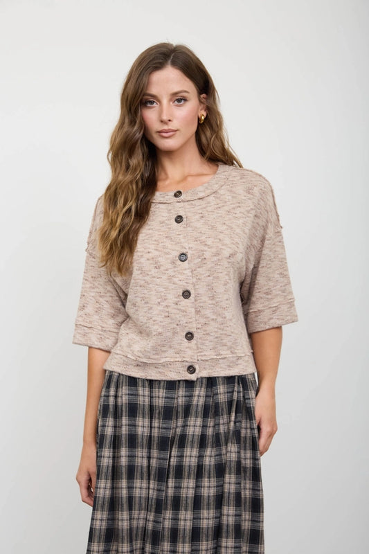 Marled Button Down Short Sleeve Top