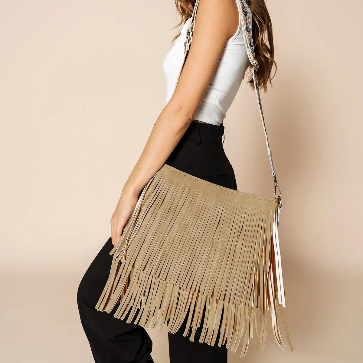 Sadie Suede Fringe Crossbody Bag - Tan