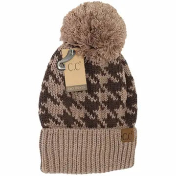 Houndstooth Pom Beanie - Taupe/Brown