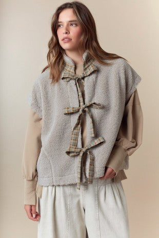 Sherpa Plaid Ribbon Vest - Taupe