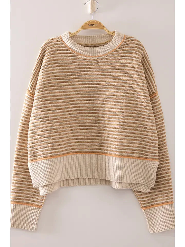 contrast trim stripe knit sweater - taupe