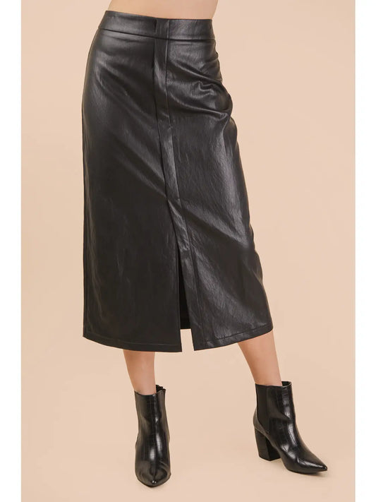 Front Slit Vegan Leather Skirt