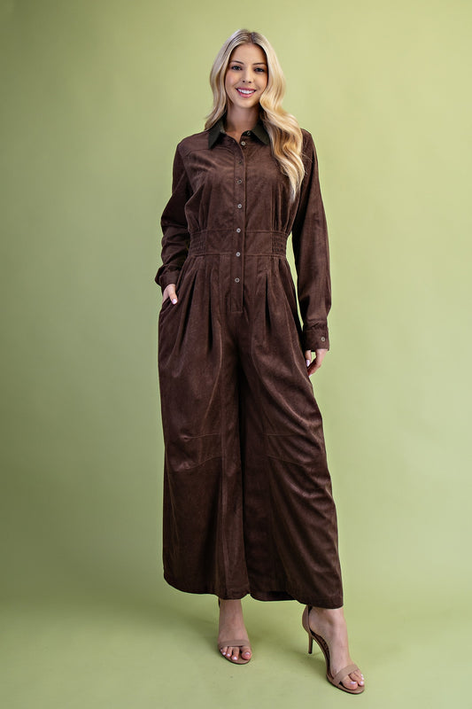 Textured Velveteen Jumpsuit - Brown