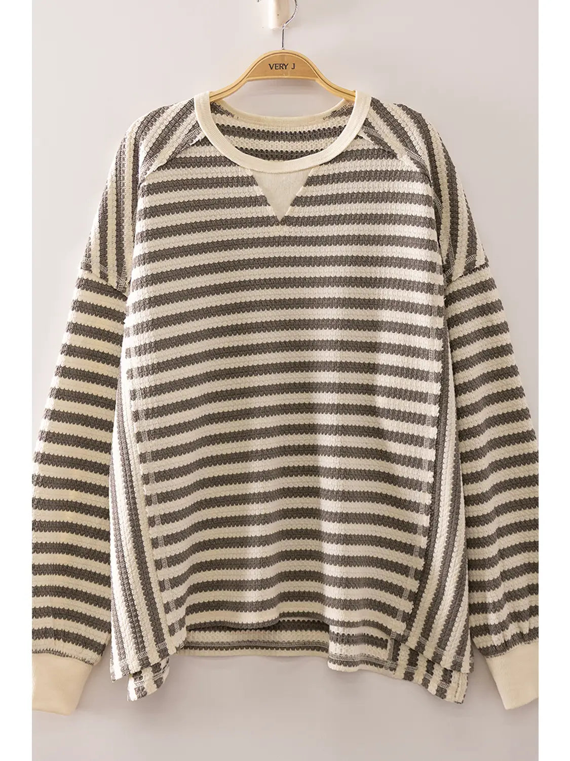 Meg Striped Waffle Top - Gray/Cream