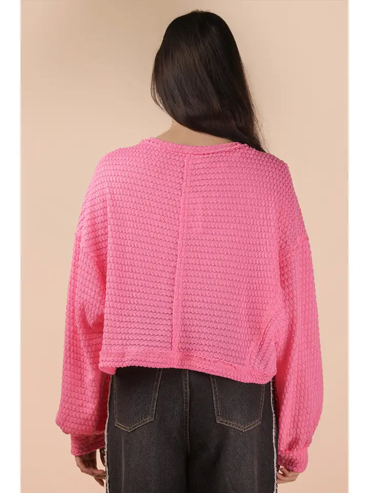 Oversized Waffle Knit Top - Pink
