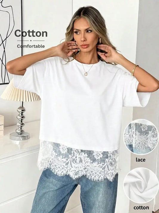Lace Hem Short Sleeve Shirt - White
