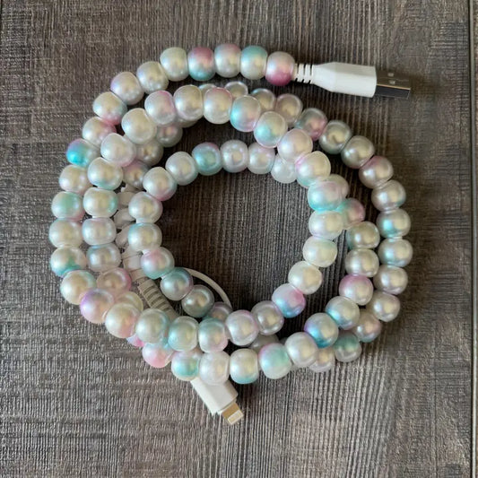 mermaid beaded phone charger - white/blue