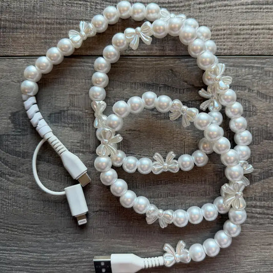 beaded phone charger - white bow
