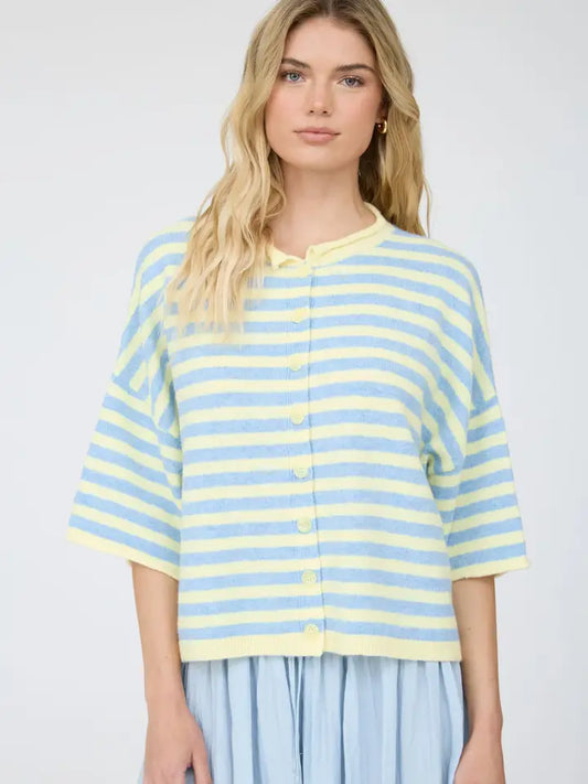 Striped Button Down Cardigan - Yellow/Blue