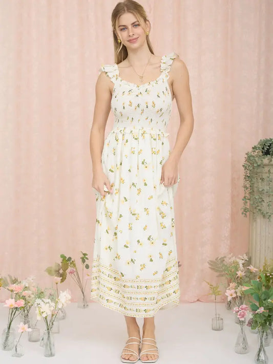 Dainty Yellow Floral Midi Dress